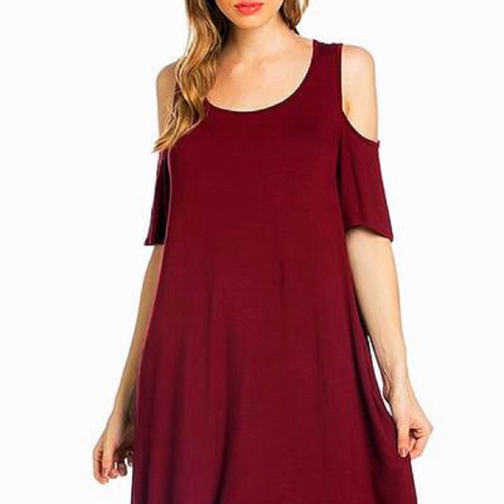 Wine cold shoulder dress brand new